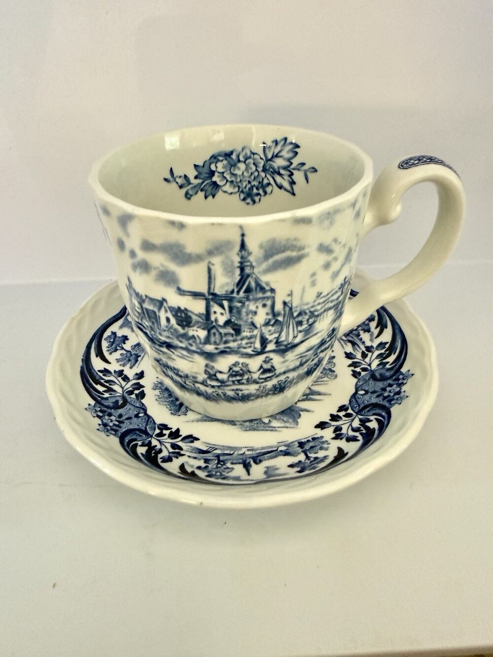 Tulip Time Johnson Bros. Blue on Blue Made In England Teacup & Saucer 3.25”